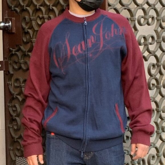 Men's Sean John Navy / Burgundy Full Zip Sweater NWT